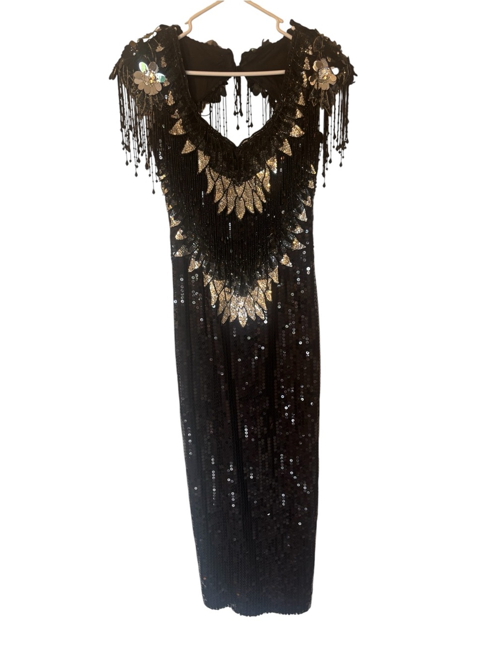 Black Sequin Maxi Dress with Gold Embellishment